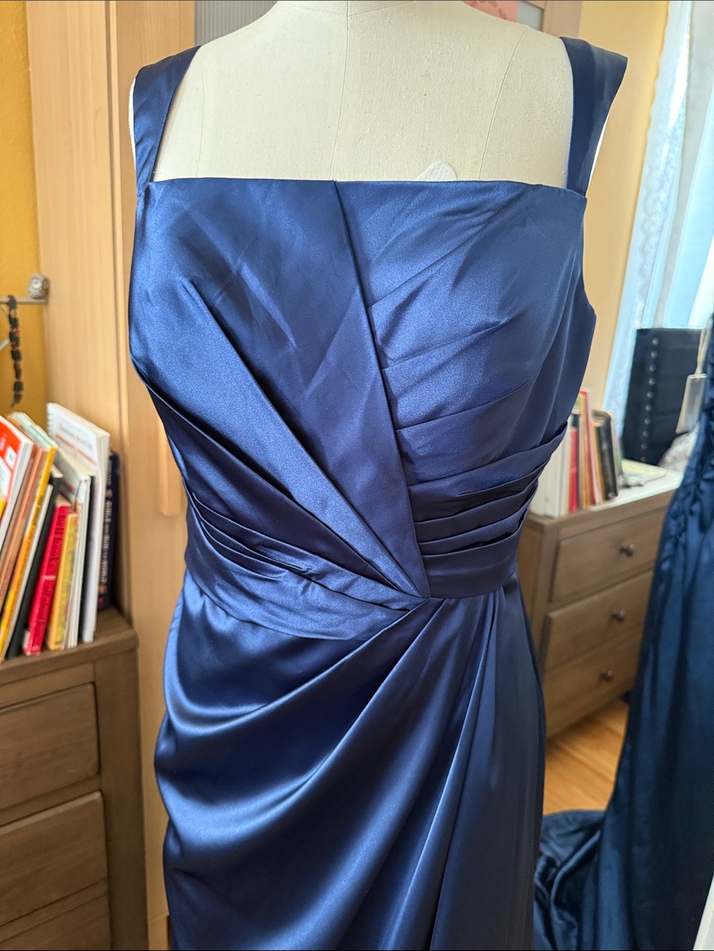 Navy Satin Lace-Up Back Evening Gown Size 10 - Picture 5 of 7